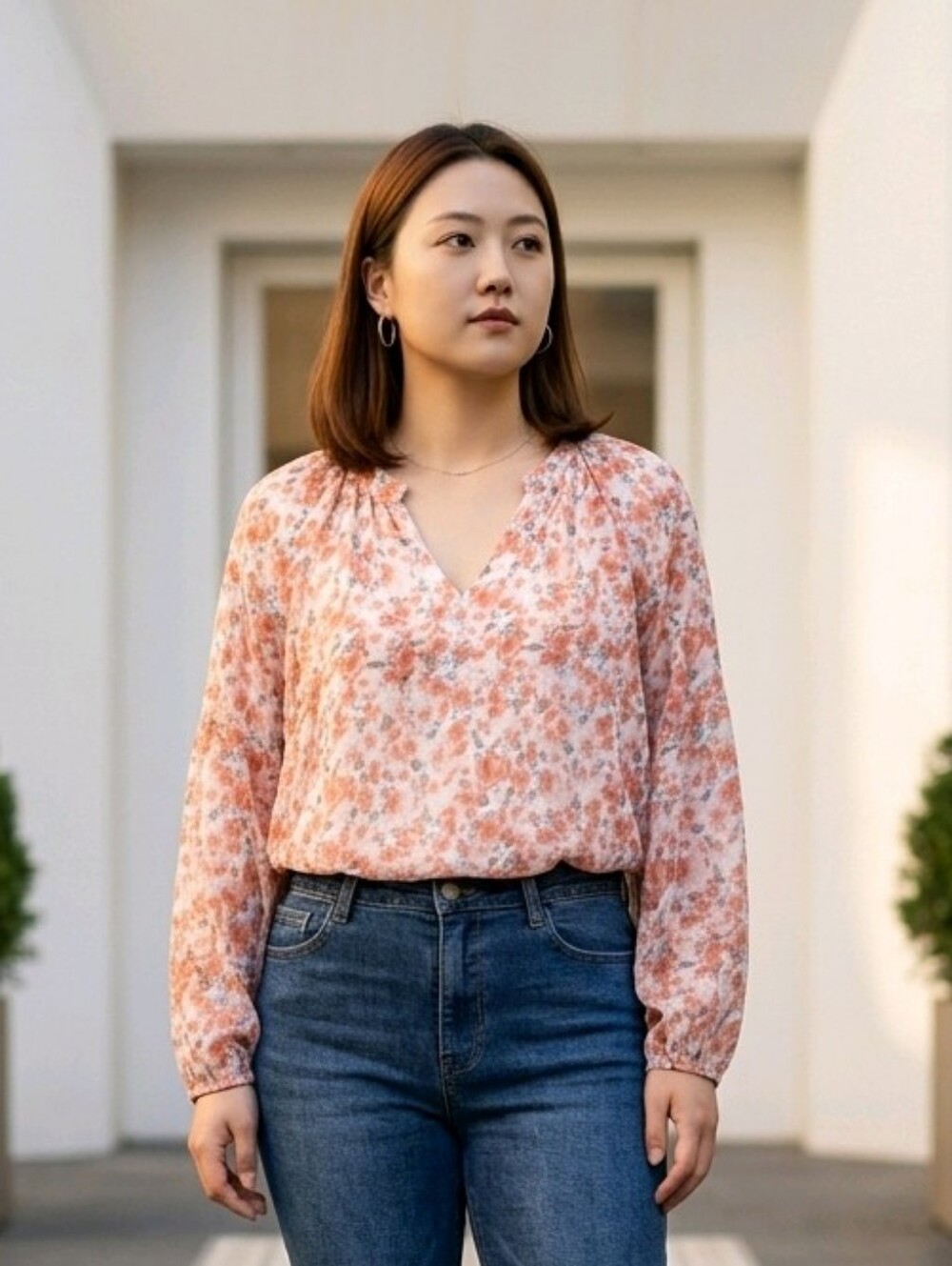 BTFBM Peach Floral V-Neck Long-Sleeve Blouse